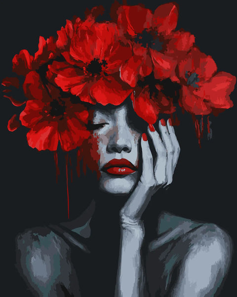 Emotional portrait painting of a woman with red poppy flowers
