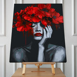 Emotional portrait painting of a woman with red poppy flowers