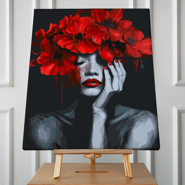 Emotional portrait painting of a woman with red poppy flowers