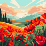 Vibrant painting of red poppy fields with mountains and sunset