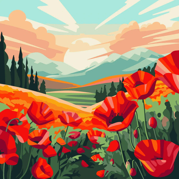 Vibrant painting of red poppy fields with mountains and sunset