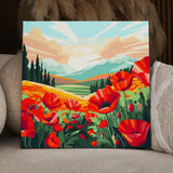 Vibrant painting of red poppy fields with mountains and sunset