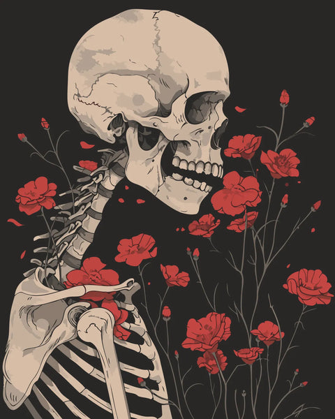 Skeleton with red flowers growing through bones in dark painting