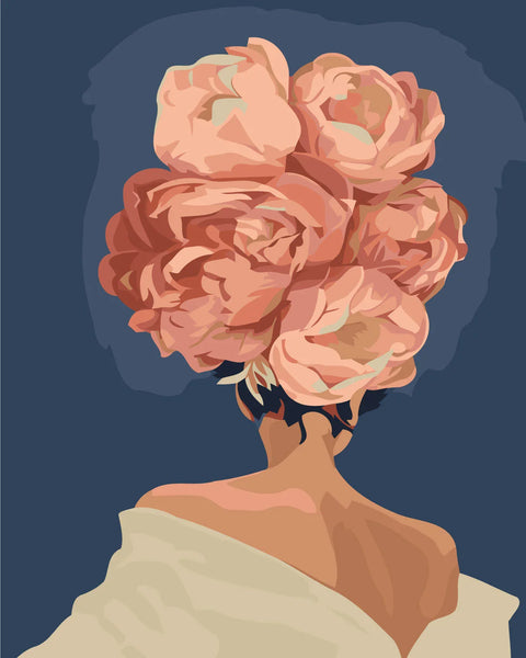 Painting of a woman with large blooming flowers as hair