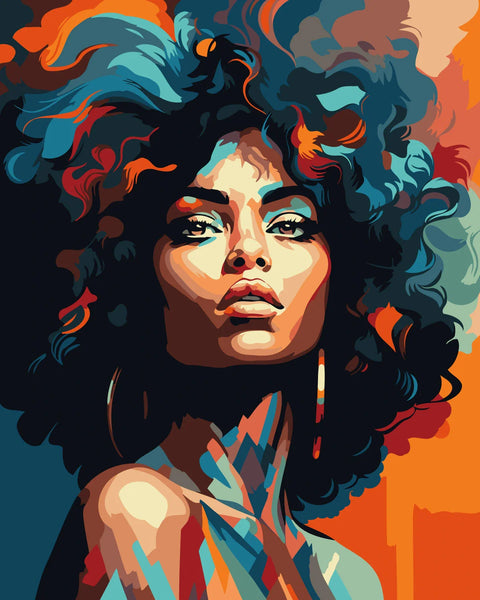 Vibrant portrait painting of a woman with bold curly hair