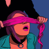Pop art painting of a blindfolded woman with vibrant colors