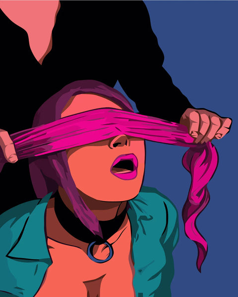 Pop art painting of a blindfolded woman with vibrant colors