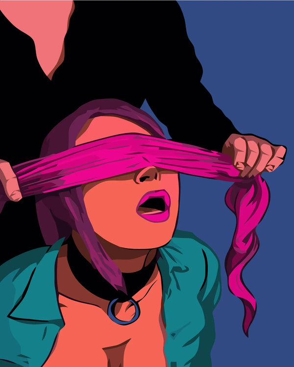 Pop art painting of a blindfolded woman with vibrant colors