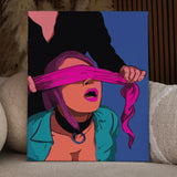 Pop art painting of a blindfolded woman with vibrant colors