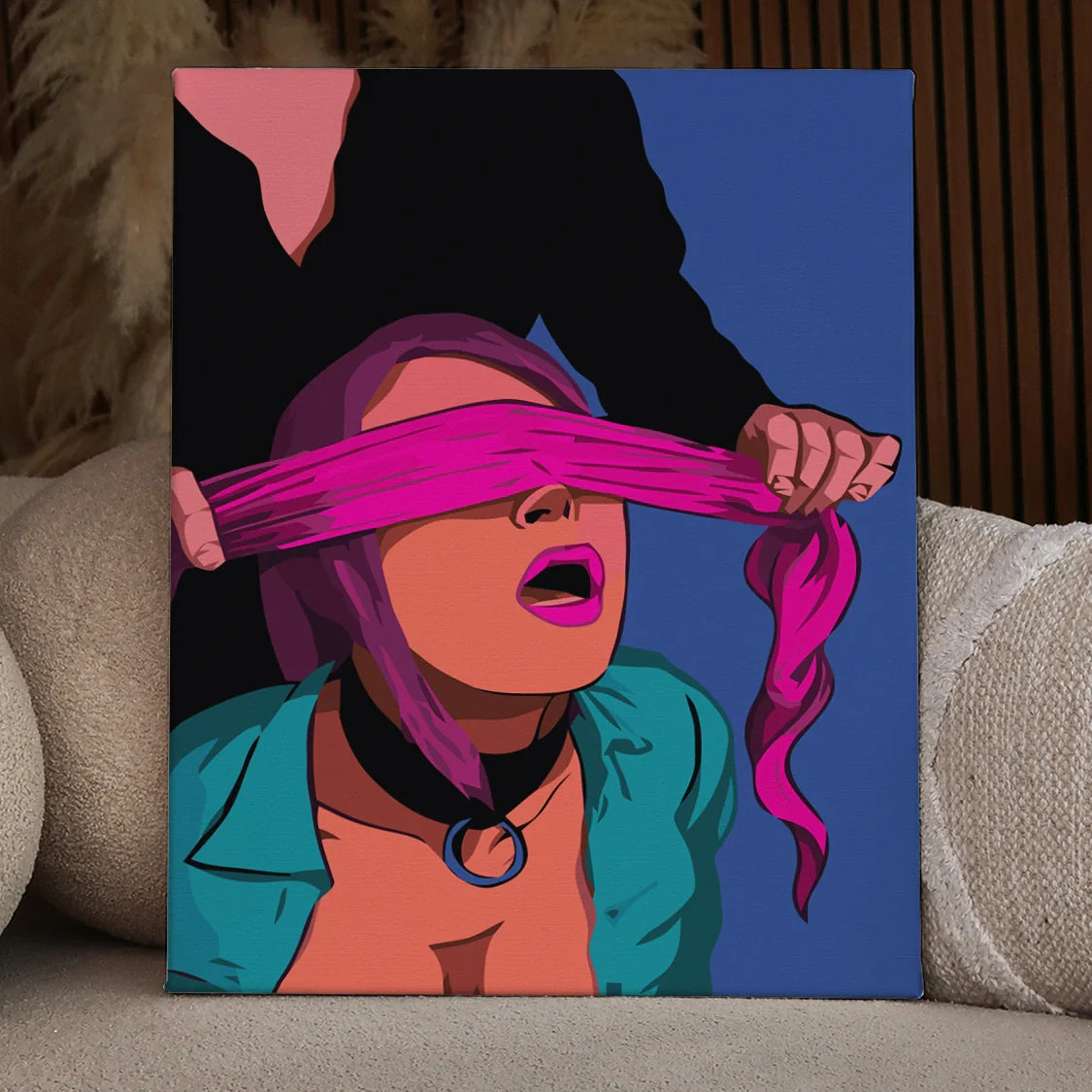 Pop art painting of a blindfolded woman with vibrant colors