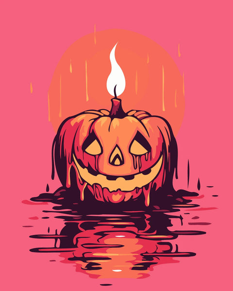 Melting jack-o'-lantern candle reflecting on water in Halloween painting