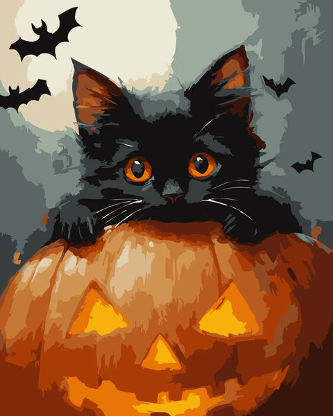 Black kitten on glowing jack-o'-lantern with bats and full moon painting