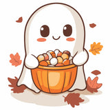Cute ghost holding pumpkin bucket full of Halloween candy painting