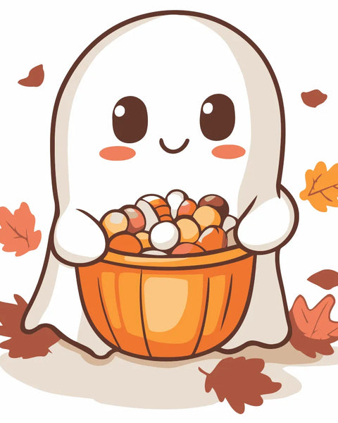 Cute ghost holding pumpkin bucket full of Halloween candy painting