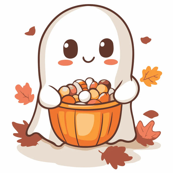 Cute ghost holding pumpkin bucket full of Halloween candy painting