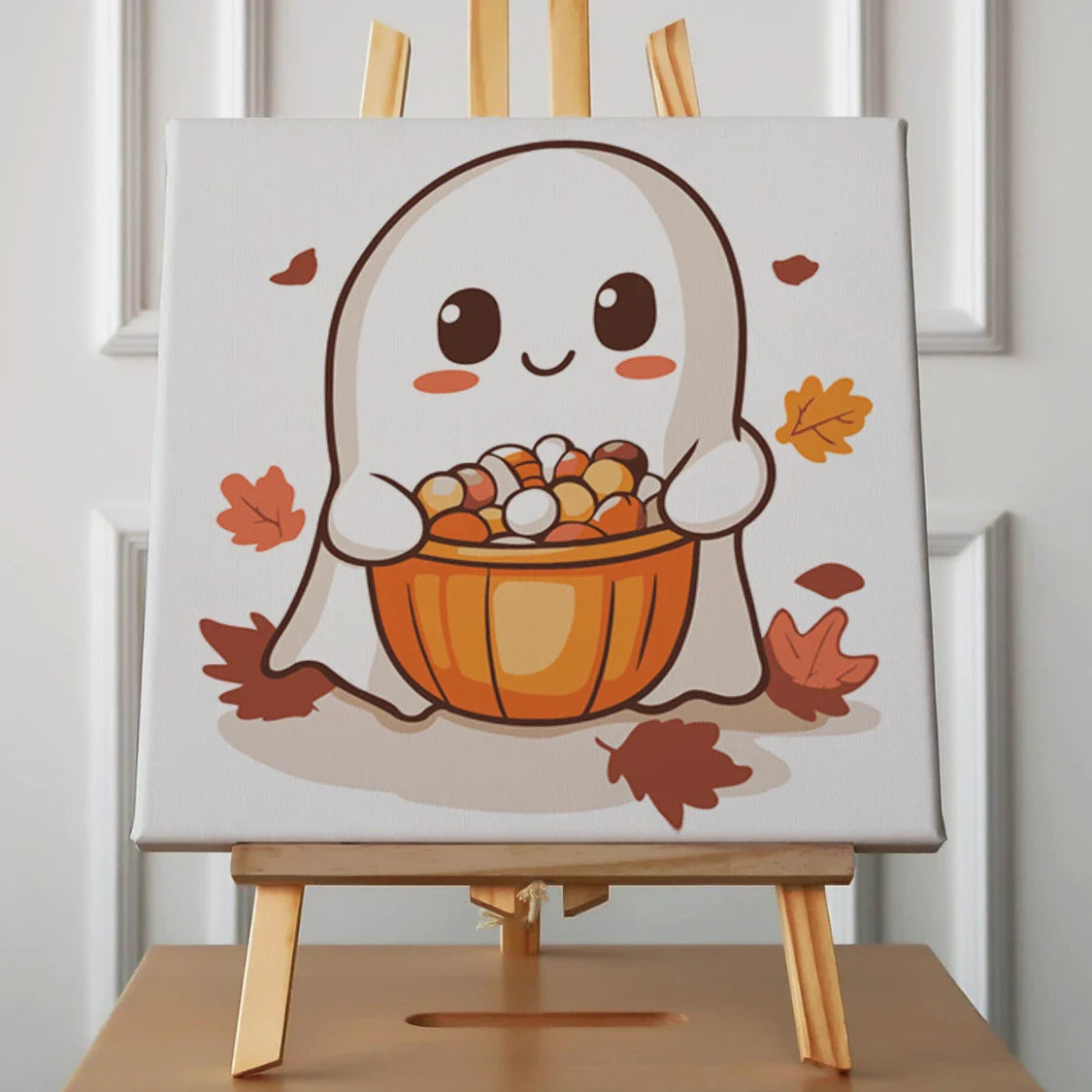 Cute ghost holding pumpkin bucket full of Halloween candy painting