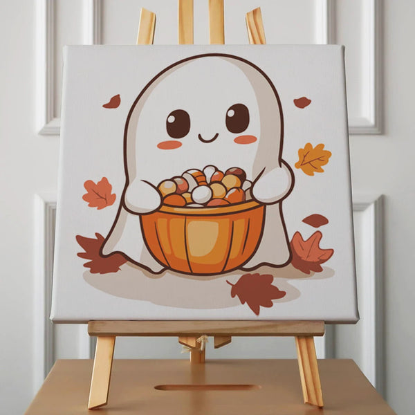 Cute ghost holding pumpkin bucket full of Halloween candy painting