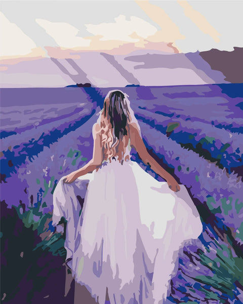 Woman in white dress walking through lavender field at sunset painting