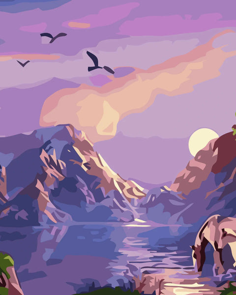 Horses drinking from lake with mountains and sunset sky painting