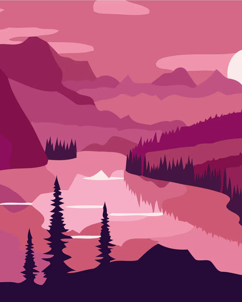Serene pink-toned mountain landscape with lake and sunset painting