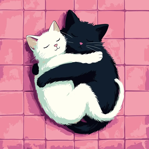 Painting of black and white cats hugging in yin-yang pose