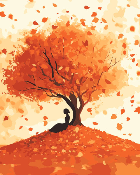 Quiet Change Paint by Numbers Kit featuring a tranquil autumn scene with a solitary figure resting under a vibrant, wind-swept tree.