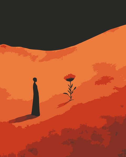 Quiet Growth Paint by Numbers Kit featuring a lone figure observing a single flower blooming in a barren landscape.