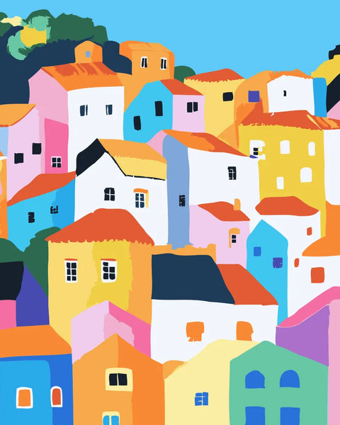 Painting of colorful hillside houses with vibrant rooftops and windows