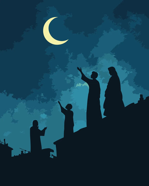 Silhouetted figures standing on rooftops under a glowing crescent moon, lifting their hands in prayer to welcome the beginning of Ramadan.