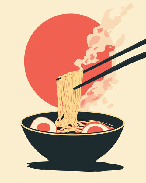 Painting of steaming ramen bowl with chopsticks and soft-boiled eggs