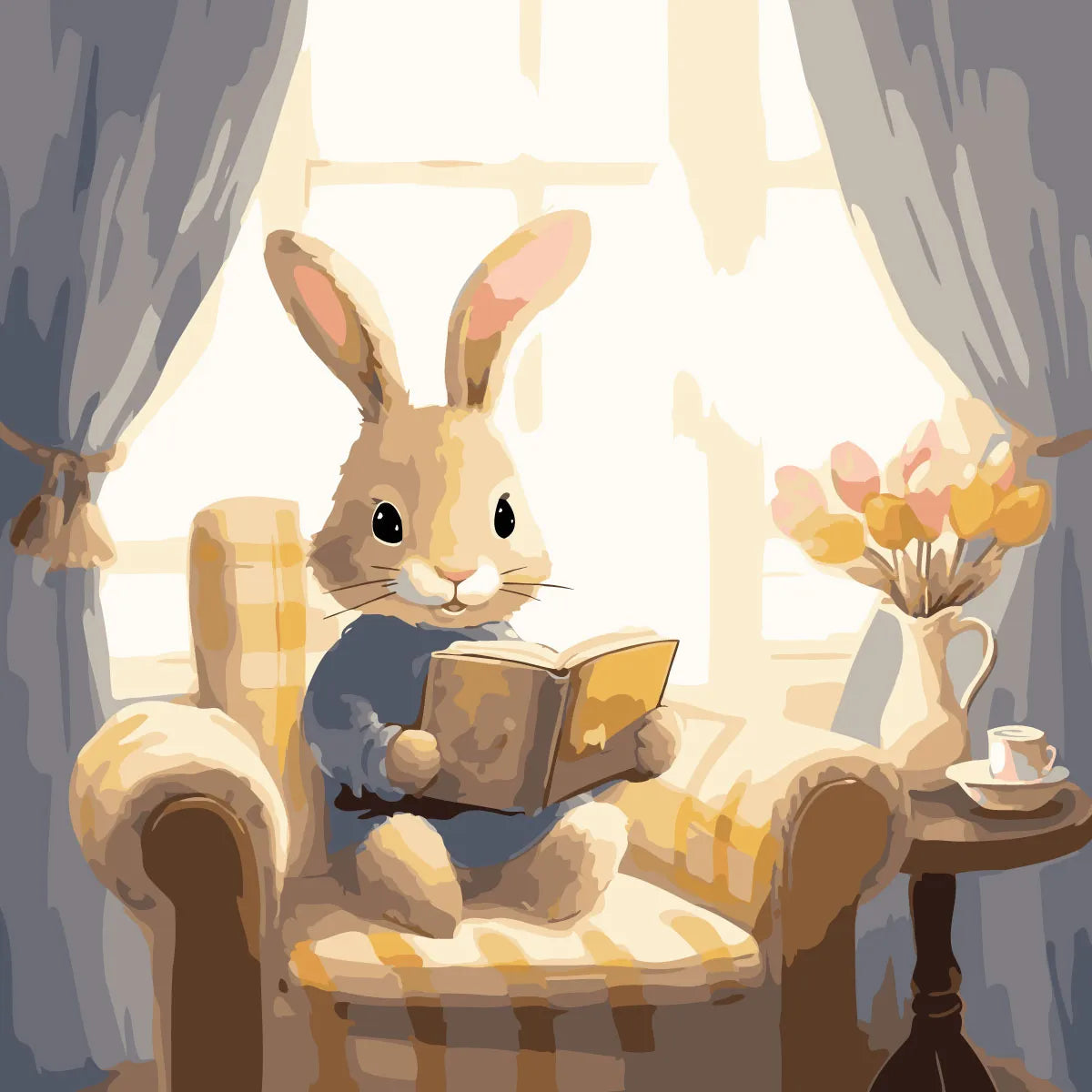 Painting of a cozy rabbit reading a book in an armchair