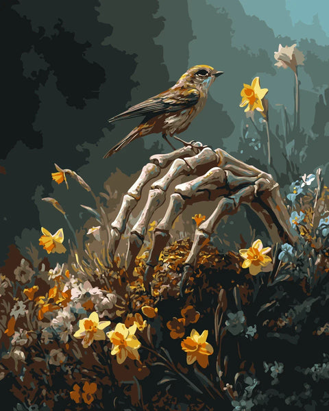 Rebirth Bloom Paint by Numbers Kit featuring a skeletal hand holding daffodils with a bird perched on top, surrounded by lush flowers and earthy tones.