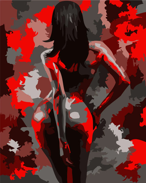 Painting of a woman with dark hair against abstract red background