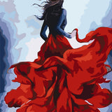 Woman in flowing red dress running with wind in dramatic painting