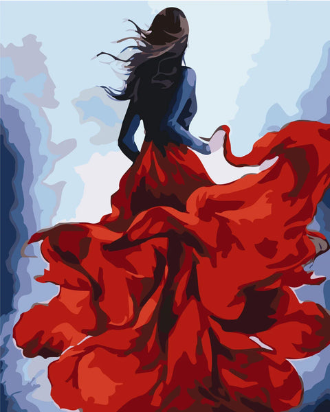Woman in flowing red dress running with wind in dramatic painting