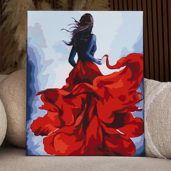 Woman in flowing red dress running with wind in dramatic painting
