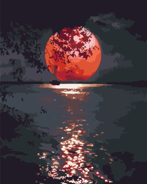 Sailboat on water with glowing red sunset and tree silhouette painting