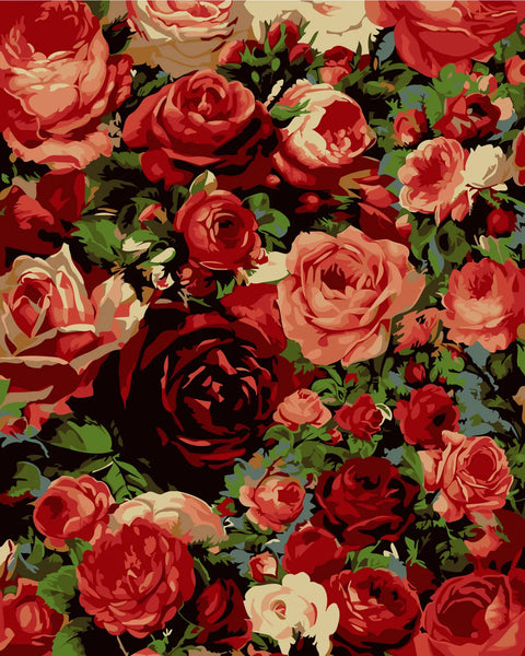 Painting of vibrant red and pink roses with lush green leaves