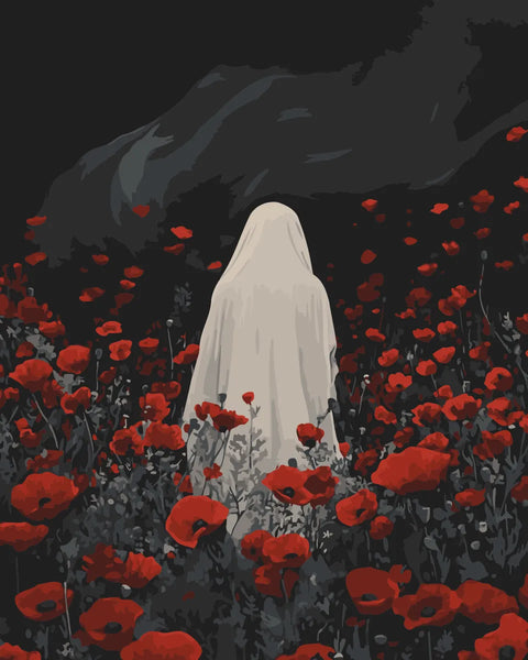 Ghostly figure in white standing among red poppies under a dark sky, featured in the Red Silence paint by numbers kit.