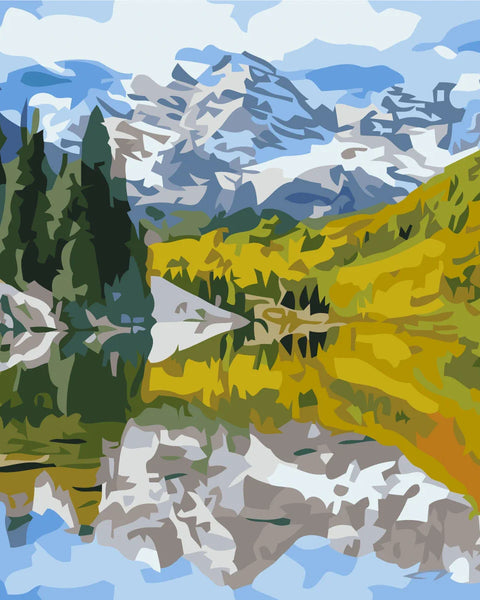 Mountain landscape with pine trees, lake reflection, and autumn colors painting