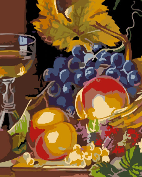 Still life painting with fruit basket, grapes, and wine glass