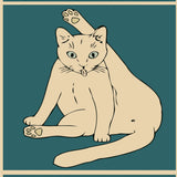 Humorous painting of a cat cleaning itself with funny text