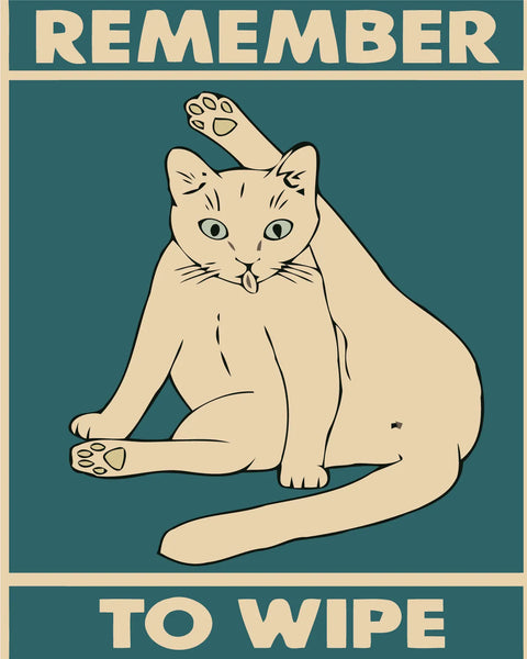 Humorous painting of a cat cleaning itself with funny text
