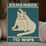 Humorous painting of a cat cleaning itself with funny text