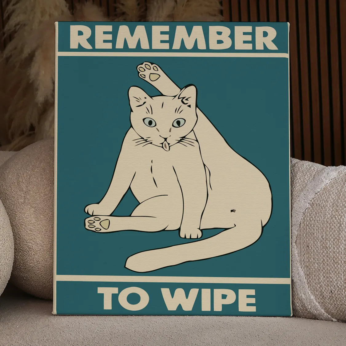 Humorous painting of a cat cleaning itself with funny text