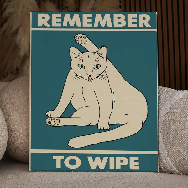 Humorous painting of a cat cleaning itself with funny text