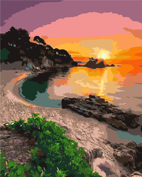 Beach sunset painting with rocky shore, calm water, and vibrant sky