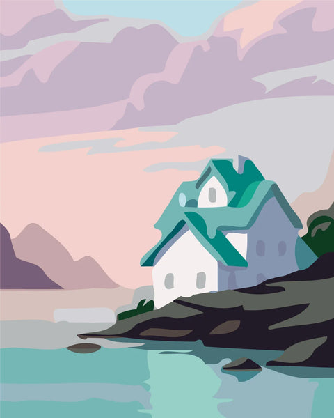 Cozy house on rocky seaside with pastel sky and mountains painting