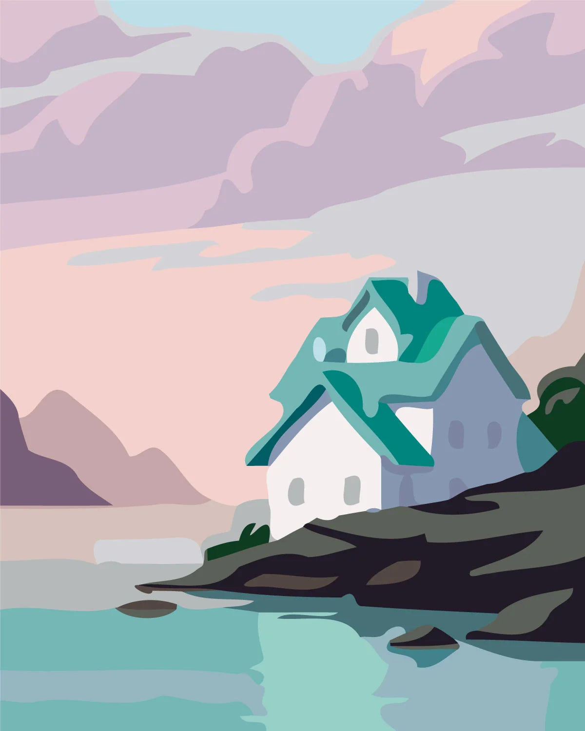 Cozy house on rocky seaside with pastel sky and mountains painting