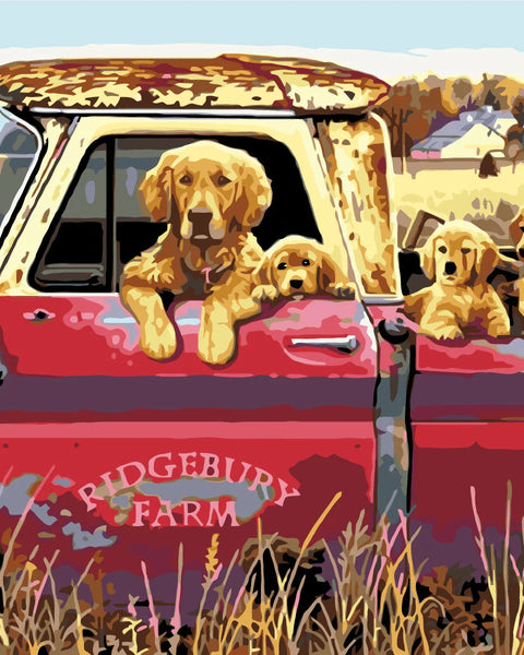 Golden retriever puppies in old red farm truck countryside painting